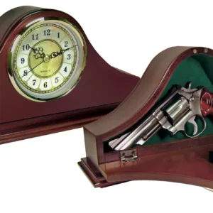 Peace Keeper MGC Mantle Gun Clock  Front Panel Entry Mahogany Stain Wood Holds 1 Handgun 14.62" L x 7.37" H x 3.75" D